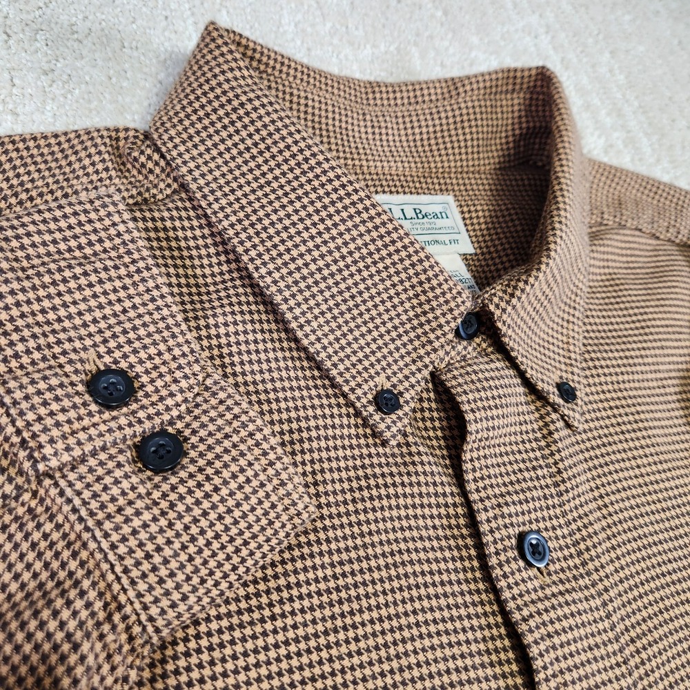 LL Bean Flannel Shirt Men XXL Tall Houndstooth Button Down Traditional Fit Brown